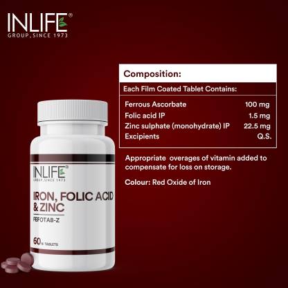 INLIFE Iron Folic Acid Zinc | Blood Builder Supplement for Men and Women - 60 Tablets for Iron Production