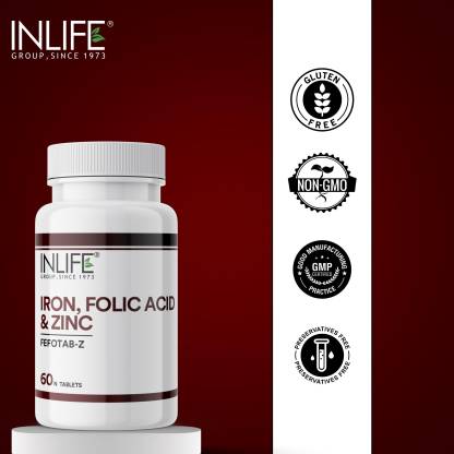 INLIFE Iron Folic Acid Zinc | Blood Builder Supplement for Men and Women - 60 Tablets for Iron Production