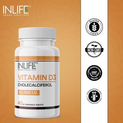 INLIFE Vitamin D3 60000 IU Chewable Tablets | Cholecalciferol Supplement for Men and Women - 40 Tablets Once a Week