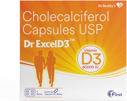 Dr. ExcelD3 by Dr. Reddys house of brands providing Vitamin D3 60000 IU for bone and muscle health 4 Capsules