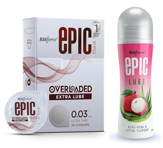 Manforce Epic Thinx Overloaded Condoms for Men| Ultra Thin with 0.03 mm Thickness| Lubricated Latex Condoms| 3 Count +  Manforce Epic Litchi Aloe Vera Gel Lube (60 ml)