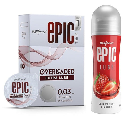 Manforce Epic Thinx Overloaded Condoms for Men| Ultra Thin with 0.03 mm Thickness| Lubricated Latex Condoms| 3 Count +  MANFORCE EPIC Strawberry LUBE 60 ml