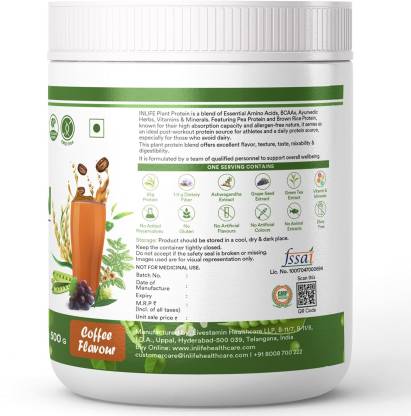 INLIFE Plant Protein Powder - Pea Quinoa & Brown Rice - 25g Protein - Ashwagandha Green Tea & Grape Seed Extract - Digestive Enzymes Bodybuilding Supplement (500 g Coffee)