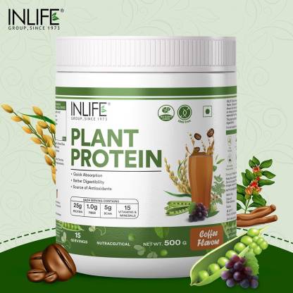 INLIFE Plant Protein Powder - Pea Quinoa & Brown Rice - 25g Protein - Ashwagandha Green Tea & Grape Seed Extract - Digestive Enzymes Bodybuilding Supplement (500 g Coffee)