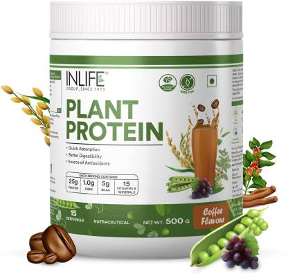 INLIFE Plant Protein Powder - Pea Quinoa & Brown Rice - 25g Protein - Ashwagandha Green Tea & Grape Seed Extract - Digestive Enzymes Bodybuilding Supplement (500 g Coffee)