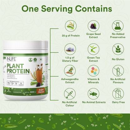 INLIFE Plant Protein Powder - Pea Quinoa & Brown Rice - 25g Protein - Ashwagandha Green Tea & Grape Seed Extract - Digestive Enzymes Bodybuilding Supplement (500 g Coffee)