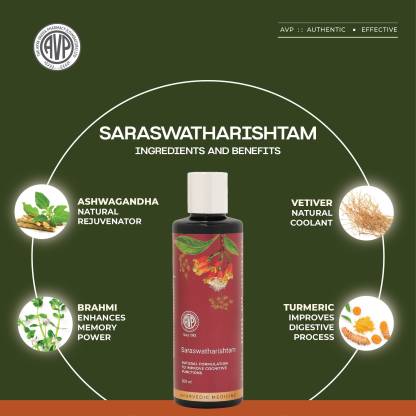 AVP Saraswatharistham 200 ml Memory Booster for All Ages Contains Gold with Brahmi And Ashwagandha Preservative Free Naturally Fermented