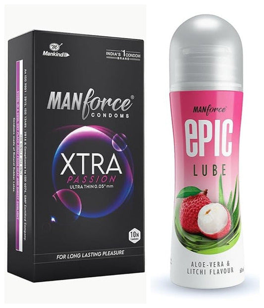 Manforce Xtra passion climax delay ultra thin condoms 10s + Aloe vera litchi lube