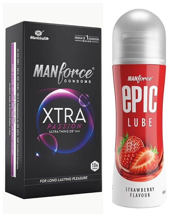 Manforce Xtra passion climax delay ultra thin condoms 10s + MANFORCE EPIC Strawberry LUBE 60 ml