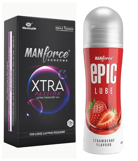 Manforce Xtra passion climax delay ultra thin condoms 10s + MANFORCE EPIC Strawberry LUBE 60 ml