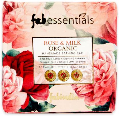 Fabessentials Rose & Milk Handmade Bathing Bar | 100% Organic | with Coconut Oil & Vitamin E | Cleanses Nourishes & Brightens Skin | Vegan & Palm-Oil Free - 100 gm