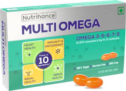 JUBILANT Nutrihance Multiomega 100% Vegan Omega Softgel | Omega 3-5-6-7-9  Vitamin D3  (10 Capsules)