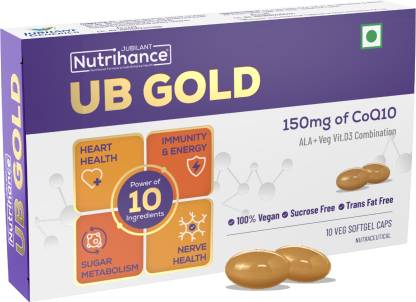 JUBILANT Nutrihance UB Gold Coenzyme Q10 (CoQ10) 150mg சப்ளிமெண்ட் 100% Vegan Softgel |ALA Vit B12 D3 (10 காப்ஸ்யூல்கள்)