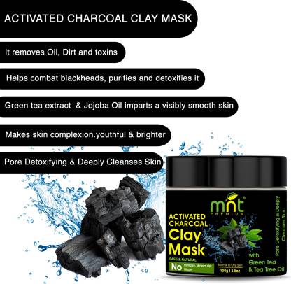 MNT Activated Charcoal Clay Mask with Green Tea & Tea Tree Oil (100g) for All Skin Types |Pore Detoxifying & Deeply Cleanses Skin  (100 g)