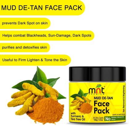 MNT Mud De-Tan Face Pack with Turmeric & Tea Tree Oil (100g) for All Skin Types| Tan Removal| Skin Brightening  (100 g)