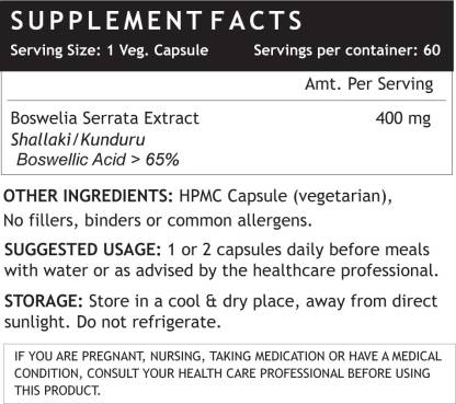 Inlife Boswellia Serrata Extract (Boswellic Acids > 65%) Joint Supplement 400 mg - 60 Vegetarian Capsules  (60 No)