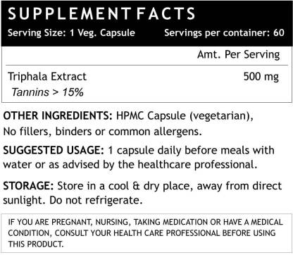 इनलाइफ त्रिफला एक्सट्रैक्ट (टैनिन &gt; 15%) आमलकी हरीतकी और बिभीतकी पाचन सहायक सप्लीमेंट 500 मिलीग्राम - 60 शाकाहारी कैप्सूल (60)