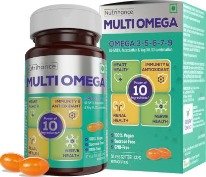 JUBILANT Nutrihance Multiomega 100% Vegan Omega Softgel | Omega 3-5-6-7-9  Vitamin D3  (30 Capsules)