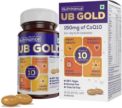 JUBILANT Nutrihance UB Gold Coenzyme Q10 (CoQ10) 150mg Supplement 100% Vegan Softgel |ALA Vit B12 D3  (30 Capsules)