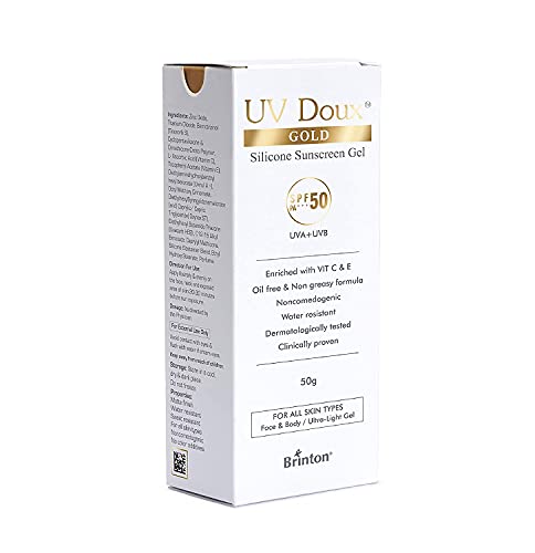 பிரின்டன் UV Doux தங்க சிலிகான் சன்ஸ்கிரீன் ஜெல் SPF 50 pa+++ UVA/UVB உடன் பரந்த ஸ்பெக்ட்ரம் வாட்டர் ரெசிஸ்டண்ட் பெண்களுக்கான சிறந்த SPF சன்ஸ்கிரீன் 50 கிராம்