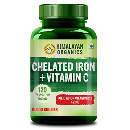 Himalayan Organics Chelated Iron with Vitamin CB12Zinc & Folic Acid | Boost Hemoglobin Levels | Improves Concentration Level Energy & Blood Building-120 Veg Tablets