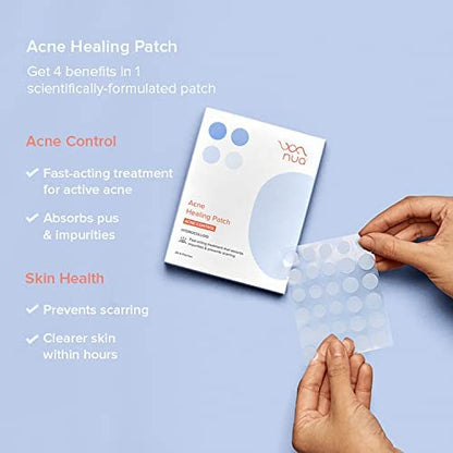 Nua Acne Healing Patch | 30 Invisible Waterproof 100% Hydrocolloid Spot Acne Pimple Patches for Men & Women | Absorbs Pus & Impurities | Flattens Active Acne Overnight | 2 Sizes: 12 mm & 10 mm