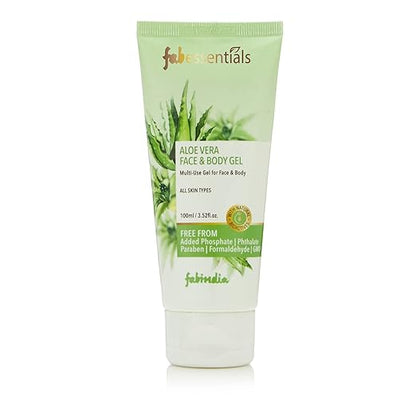 Fabessentials Aloe Vera Face & Body Gel | enriched with Neem & Castor Oil | Multi-purpose Gel for Face & Body | Hydrates Refreshes & Minimises Dryness | Calms & Soothes Sun-burnt Skin and rashes | 99% Pure Aloe Vera- 100 gm