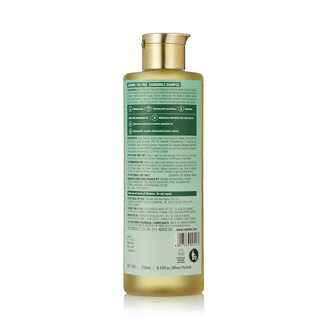 Fabessentials Jasmine Tea Tree Chamomile Shampoo | with Natural Bioactives | Clarifying & Anti-Dandruff Shampoo for Deep Cleansing | Calms Irritated Scalps and Nourishes Hair | pH 5.5| for Normal to Oily Hair - 250 ml