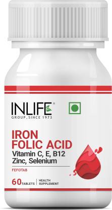 Inlife Chelated Iron Folic Acid with Vitamin C  E  B12  Zinc Men Women - 60 Tablets  (60 Tablets)