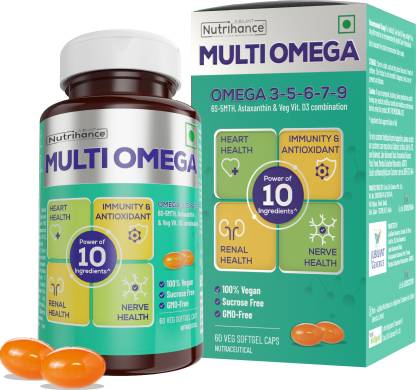 JUBILANT Nutrihance Multiomega 100% Vegan Omega Softgel | Omega 3-5-6-7-9  Vitamin D3  (60 Capsules)