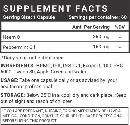 इनलाइफ नीम ऑयल 350mg पेपरमिंट ऑयल 150mg पाचन स्वास्थ्य सप्लीमेंट 60 वेज कैप्स (60 कैप्सूल)