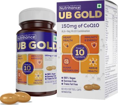 JUBILANT Nutrihance UB Gold Coenzyme Q10 (CoQ10) 150mg Supplement 100% Vegan Softgel |ALA Vit B12 D3  (60 Capsules)