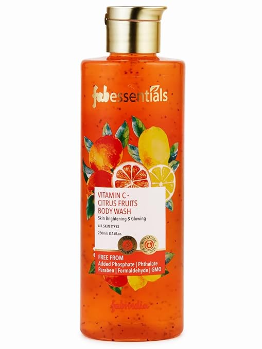 Fabessentials Vitamin C Citrus Fruits Body Wash | with Orange Oil Lemon Amla & Apricot Seed | for Deep Cleansing Energising Brightening & Radiant Glow - 250 ml