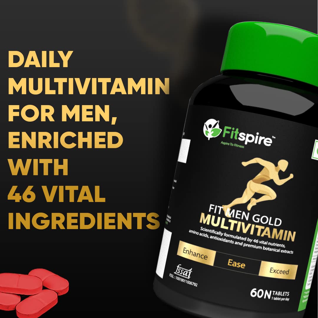 Fitspire Fit Men Gold Multivitamin Tablets - 60 Units | ஆண்களுக்கான சப்ளிமெண்ட் | கால்சியம் துத்தநாக இரும்பு வைட்டமின் B3 மற்றும் 13 மற்ற வைட்டமின்கள் நல்ல ஆரோக்கியத்துடன் மெக்னீசியம்