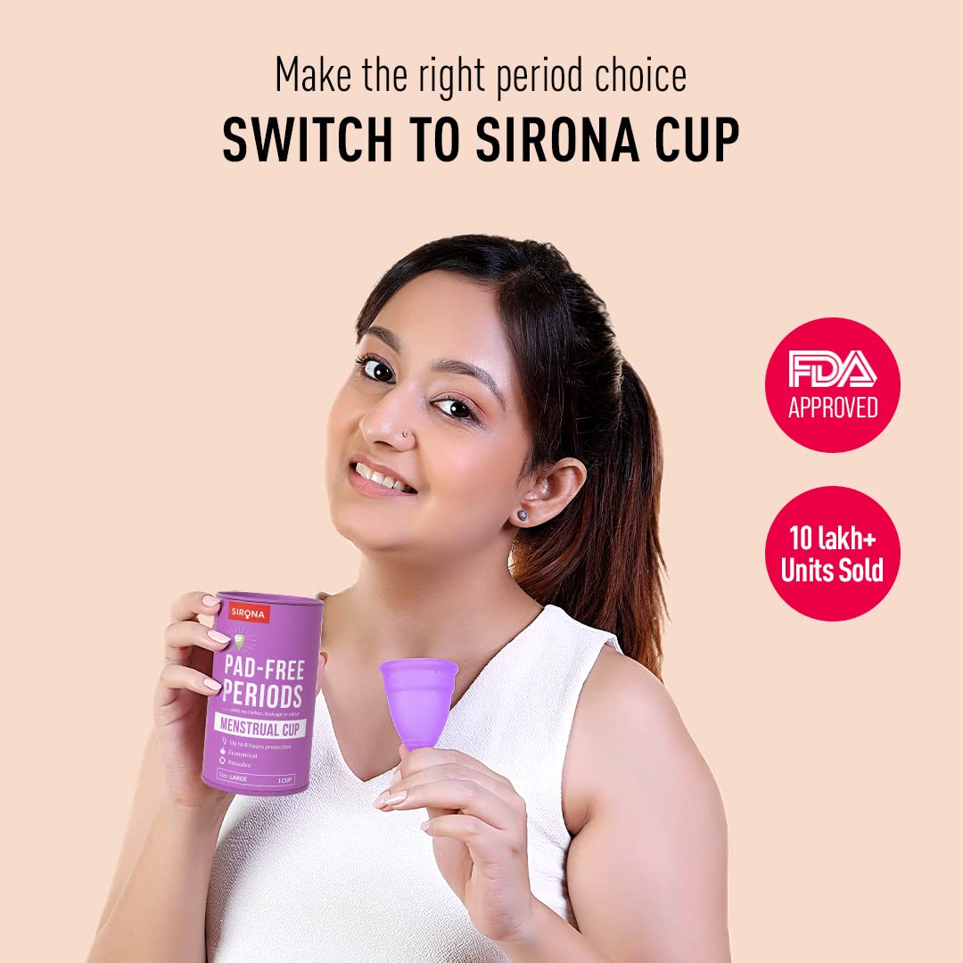 Sirona Reusable Menstrual Cup for Women | Large Size with Pouch|Ultra Soft Odour and Rash Free|100% Medical Grade Silicone |No Leakage | Protection for Up to 8-10 Hours | US FDA RegisteredPack of 1