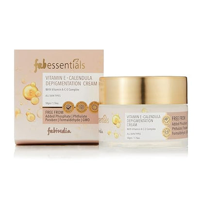 Fabessentials Vitamin E Calendula Depigmentation Cream | with Vitamin A-C-E Complex Kojic Acid & Alpha Arbutin for Brightening | Diminishes Excess Pigmentation Dark Spots Blemishes Stubborn Tanning Dullness and Uneven Skin Tone - 50 gm