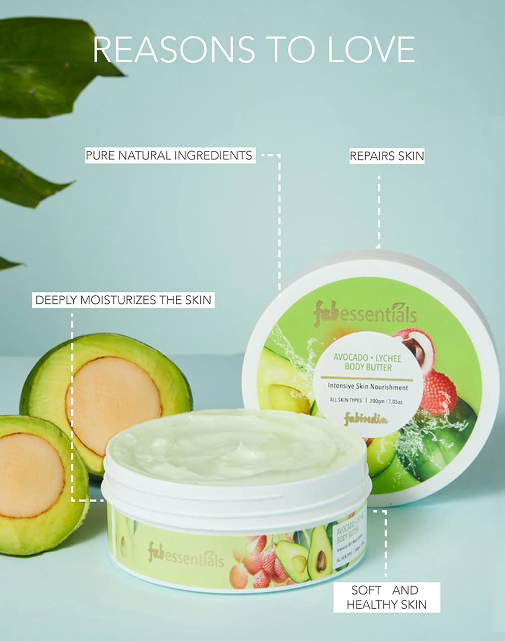 Fabessentials Avocado Lychee Body Butter | infused with Shea Butter | for Intensive Skin Nourishment | Ultra-rich Moisturiser for Soothing Dry Skin Patches | Smoothens Softens & gives Skin a Satin Glow - 200 ml