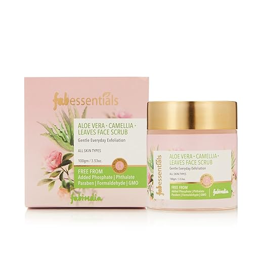 Fabessentials Aloe Vera Camellia Leaves Face Scrub | with Green Tea Leaf & Tamarind extract | for Gentle Every Day Exfoliation | reduces Dark Spots Pigmentation & buffs away Dullness 100 gm