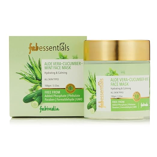 Fabessentials Aloe Vera Cucumber Mint Face Mask | with Kaolin & Lotus extract | combats Dryness & Redness | Hydrating Cooling Calming & Refreshing - 100 gm