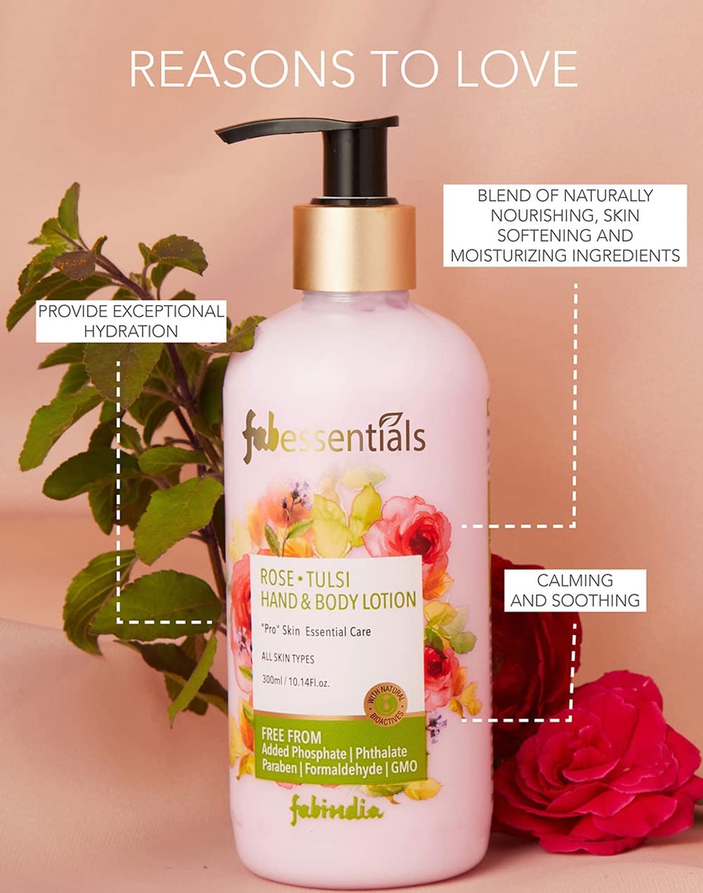 Fabessentials Rose Tulsi Hand & Body Lotion | infused with Shea Butter | Moisturises & Softens Rough Skin Hand & Nail Cuticles - 300 ml