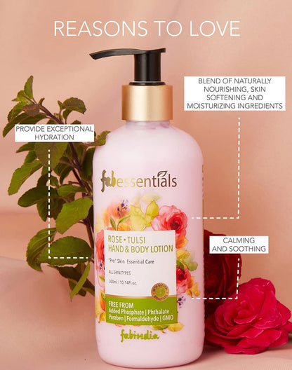 Fabessentials Rose Tulsi Hand & Body Lotion | infused with Shea Butter | Moisturises & Softens Rough Skin Hand & Nail Cuticles - 300 ml