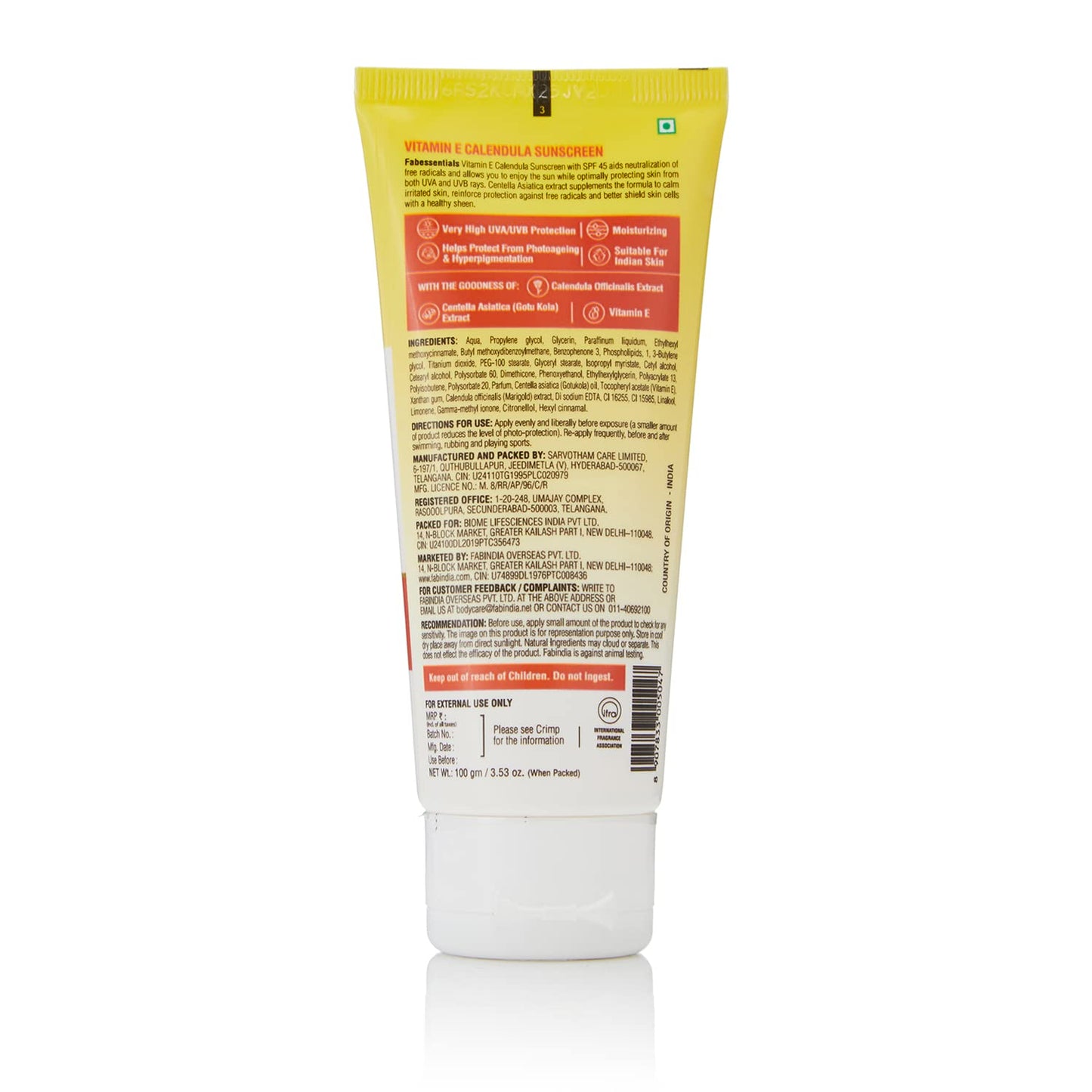 Fabessentials Vitamin E Calendula Suncreen SPF 45 PA++++ | infused with Gotu Kola | gives Broad Spectrum UVA & UVB Protection | Dermatologically Tested - 100 ml