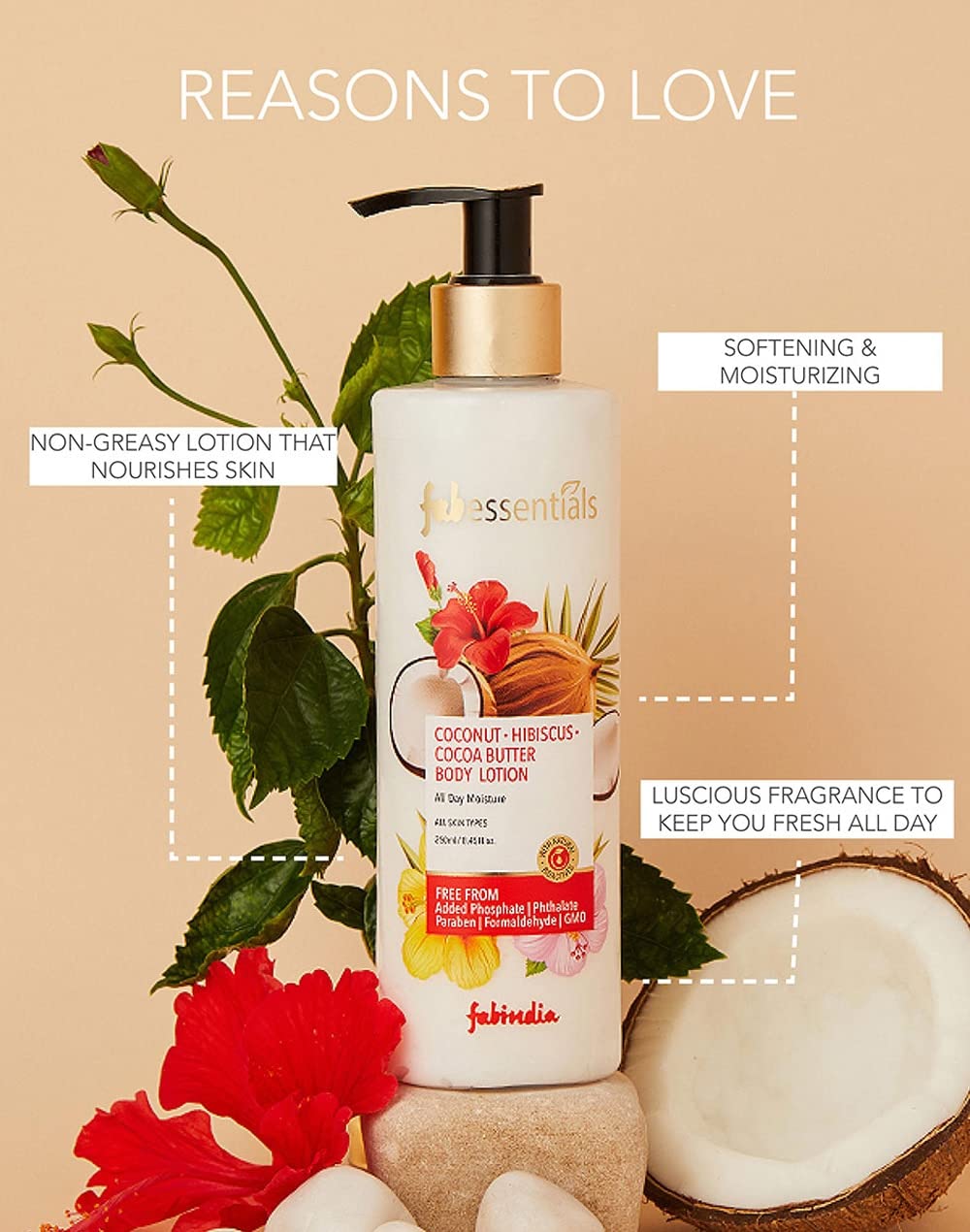 Fabessentials Coconut Hibiscus Cocoa Butter Body Lotion | with Aloe Vera & Cocoa Butter | for All Day Moisture | Non-Greasy & Skin Softening - 250 ml