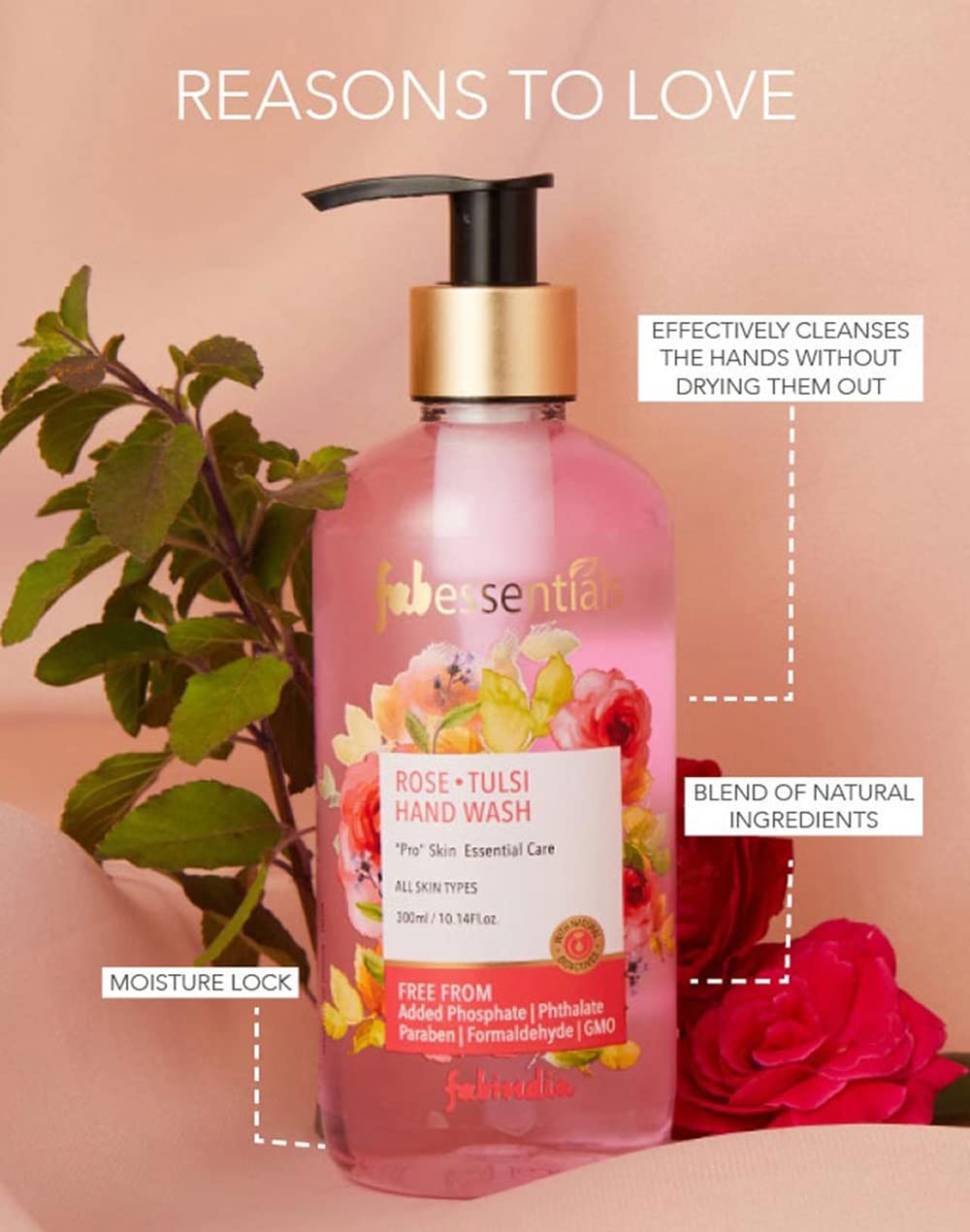 Fabessentials Rose Tulsi Hand Wash | with Natural Bioactives | Cleanses Hands without Drying & Stripping away Moisture - 300 ml