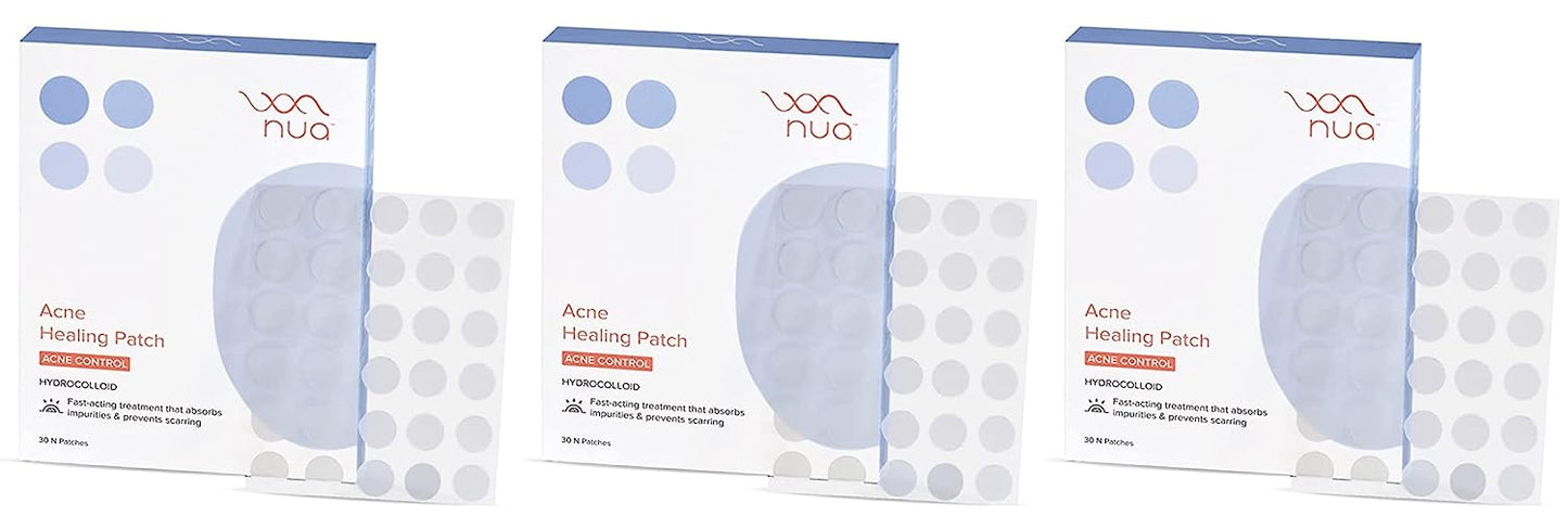 Nua Acne Healing Patch | 30 Invisible Waterproof 100% Hydrocolloid Spot Acne Pimple Patches for Men & Women | Absorbs Pus & Impurities | Flattens Active Acne Overnight | 2 Sizes: 12 mm & 10 mm