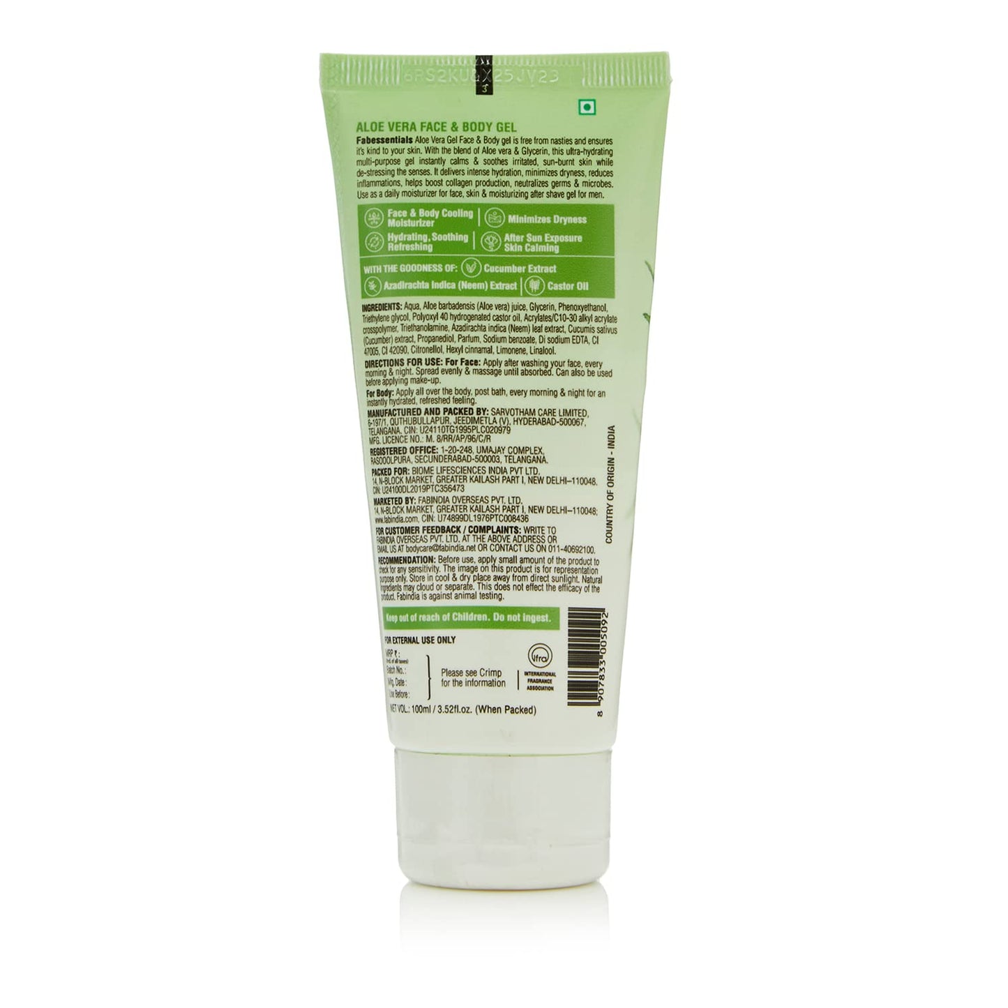 Fabessentials Aloe Vera Face & Body Gel | enriched with Neem & Castor Oil | Multi-purpose Gel for Face & Body | Hydrates Refreshes & Minimises Dryness | Calms & Soothes Sun-burnt Skin and rashes | 99% Pure Aloe Vera- 100 gm