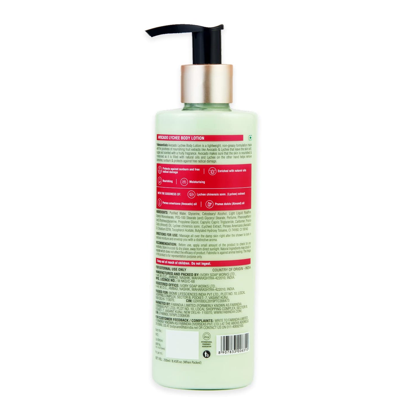 Fabessentials Avocado Lychee Body Lotion | enriched with Almond Oil | Detoxifying & Purifying Lotions that Moisturises & Nourishes | Protects against sunburn and free radical damage - 250 ml