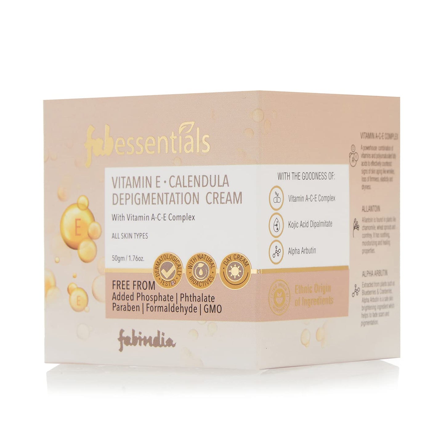 Fabessentials Vitamin E Calendula Depigmentation Cream | with Vitamin A-C-E Complex Kojic Acid & Alpha Arbutin for Brightening | Diminishes Excess Pigmentation Dark Spots Blemishes Stubborn Tanning Dullness and Uneven Skin Tone - 50 gm