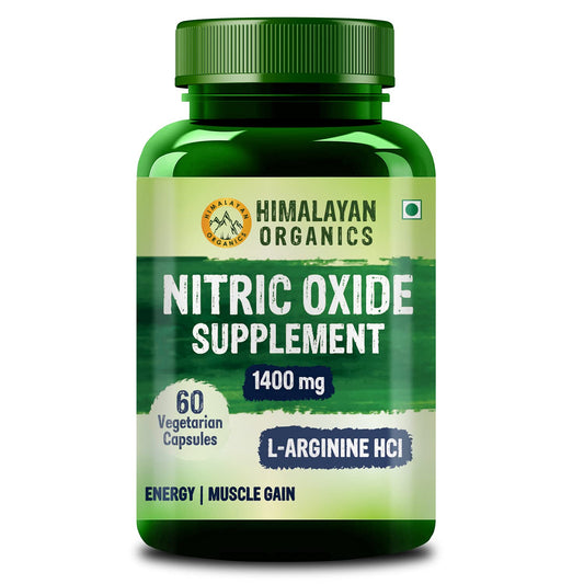 ஹிமாலயன் ஆர்கானிக்ஸ் நைட்ரிக் ஆக்சைடு 1400mg உடன் L-Arginine HCI காஃபின் சப்ளிமெண்ட் | தசை வளர்ச்சிக்கு நல்லது ஸ்டாமினா மீட்பு நோய் எதிர்ப்பு சக்தி மற்றும் ஆற்றலுக்கு - 60 வெஜ் காப்ஸ்யூல்கள்