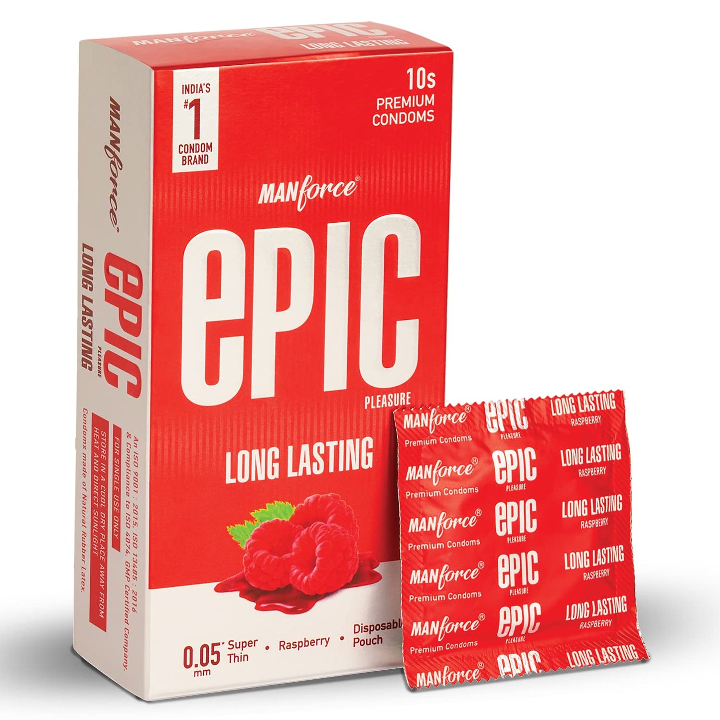 Epic Pleasure Raspberry (10s)Manforce Epic Pleasure Long Lasting Super Thin Raspberry Flavoured Premium Condoms with Disposable Pouch- 10 Counts